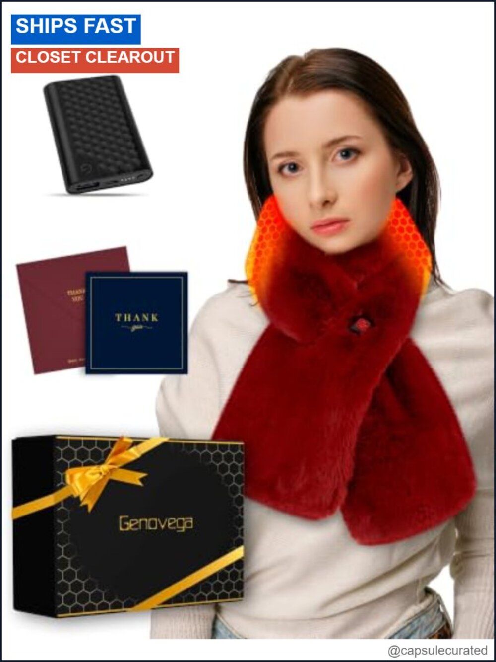 Heated Faux Fur Scarf for Women, Rechargeable Shawl with Power Bank
